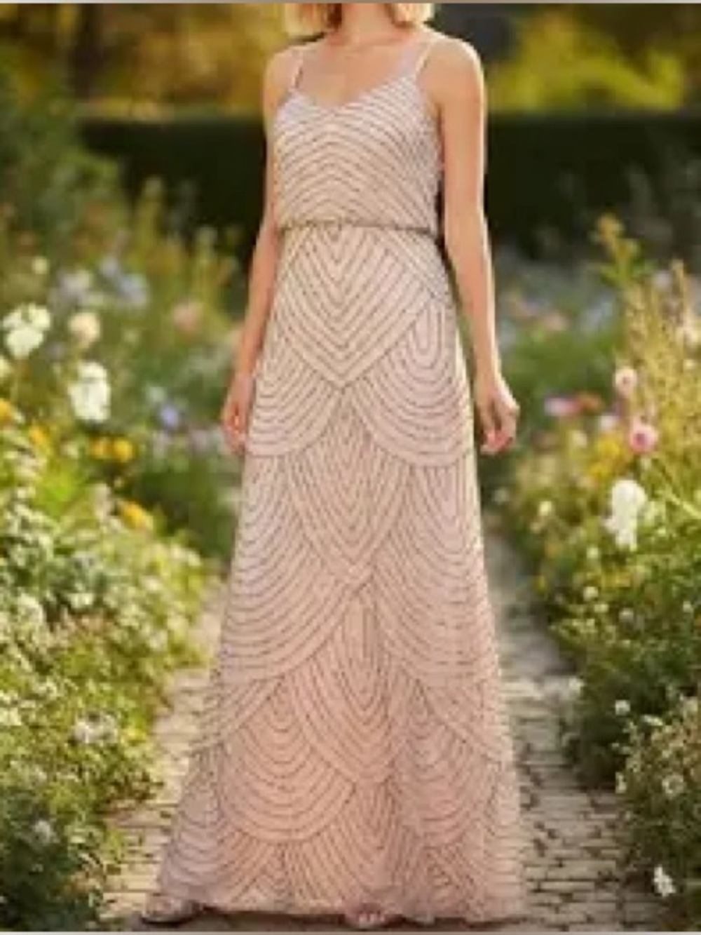 🌟 Adrianna Papell Art Deco Beaded Blouson Gown in Taupe Pink🌟
